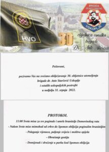U nedjelju, 31.07.2022. godine obilježava se 30-ta obljetnica osnutka brigade dr. Ante Starčević