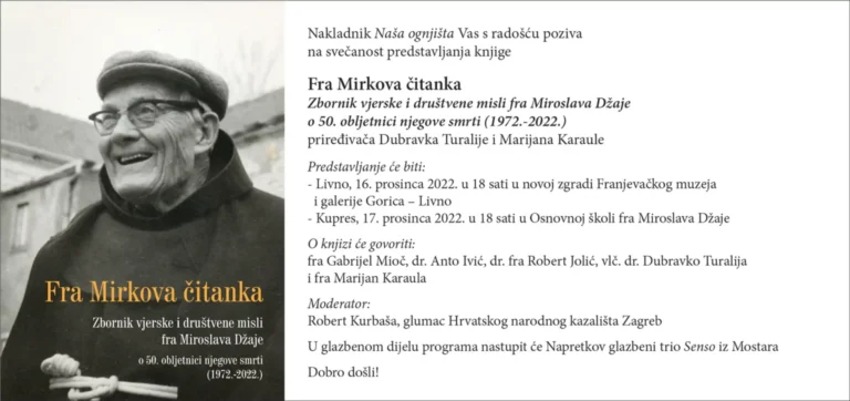 Naša ognjišta pozivaju na predstavljanje knjige „Fra Mirkova čitanka“