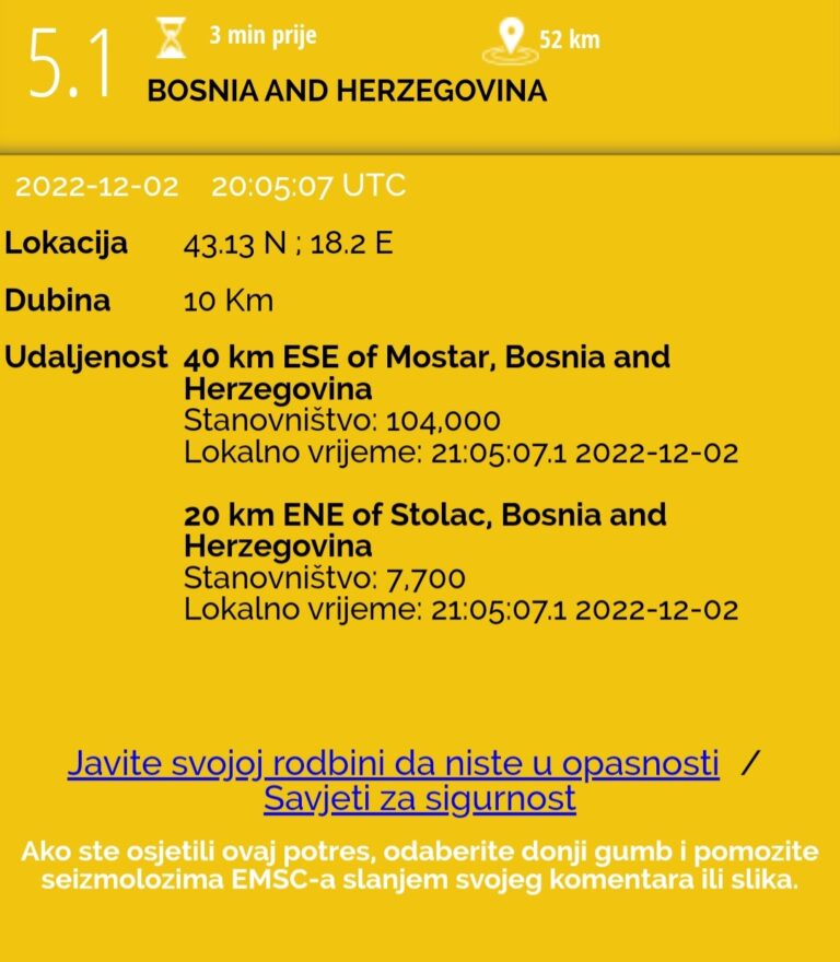 POTRES JAČINE 4.5 ZATRESAO HERCEGOVINU