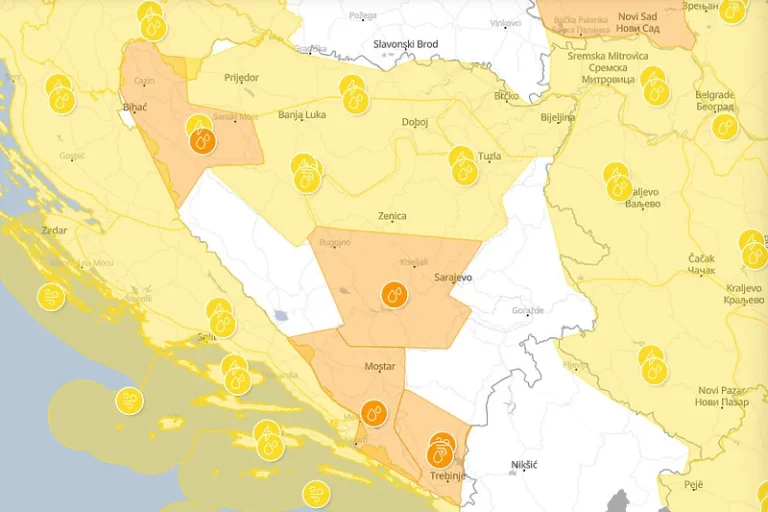 Narandžasti meteoalarm u BiH: U nedjelju obilne padaline i jaki udari vjetra, izdano upozorenje za poplave