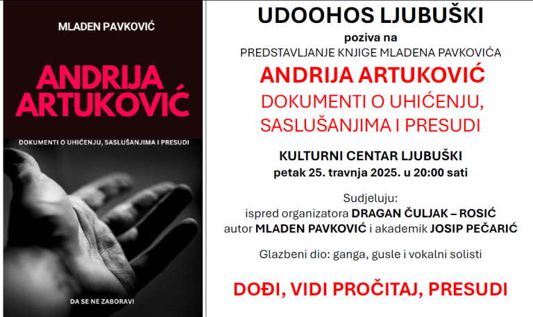 Najava promocije knjige o Andriji Artukoviću u Ljubuškom: Dokumenti koji otvaraju povijesna pitanja