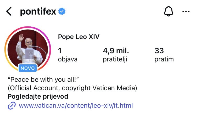 Papa Leon XIV otvorio službeni Instagram profil: “Mir s vama svima!”