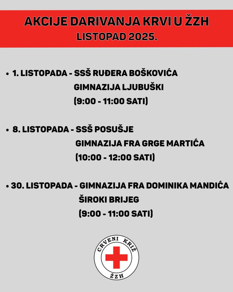Listopadske akcije darivanja krvi namijenjene srednjoškolcima u ŽZH